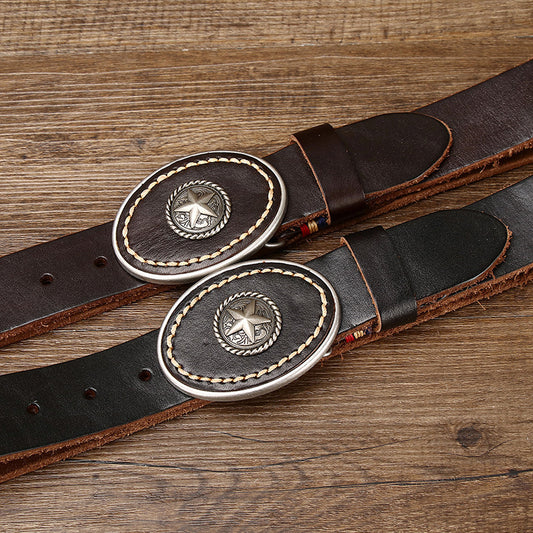 Men’s Leather Belt with Oval Star Buckle – Country Style