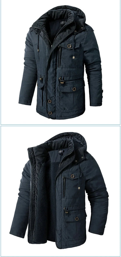 Men’s Quilted Jacket with Hood and Multiple Functional Pockets