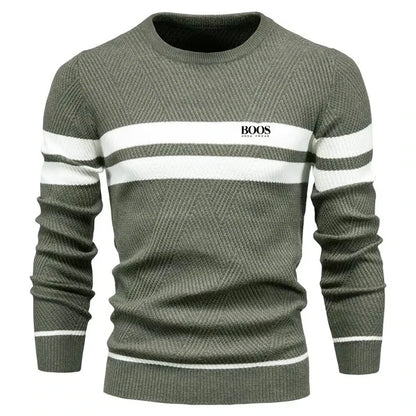 Men’s Slim Fit Knit Sweater – Warm Patchwork Pullover with Crew Neck & Long Sleeves
