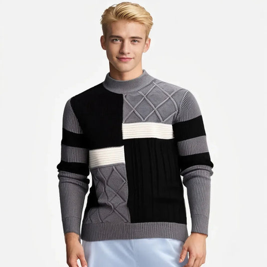 Men’s Slim Fit Patchwork Knit Sweater – Modern Textures for Smart Casual Looks