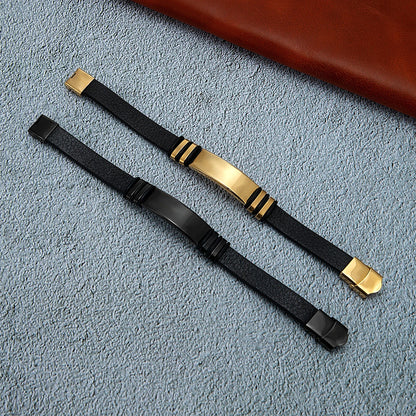 Men’s Leather Bracelet with Stainless Steel Plate – Minimalist