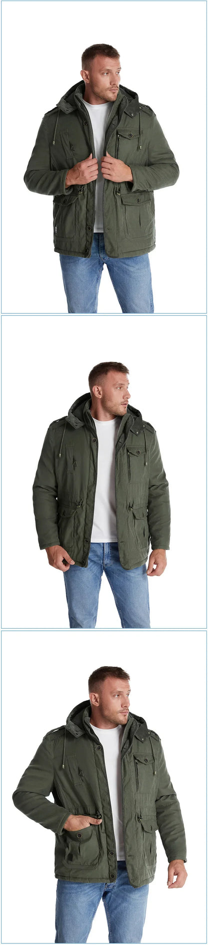 Men’s Quilted Jacket with Hood and Multiple Functional Pockets
