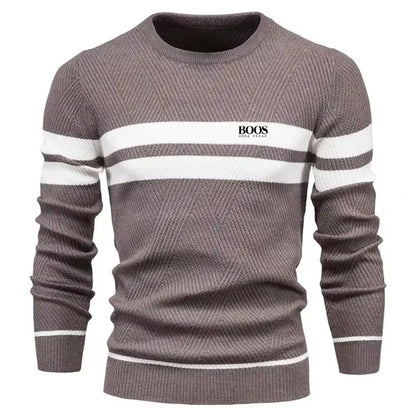 Men’s Slim Fit Knit Sweater – Warm Patchwork Pullover with Crew Neck & Long Sleeves
