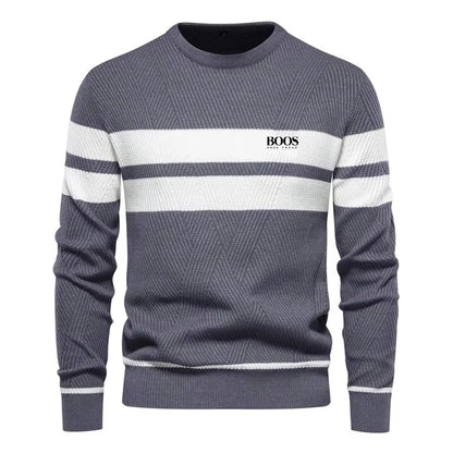 Men’s Slim Fit Knit Sweater – Warm Patchwork Pullover with Crew Neck & Long Sleeves
