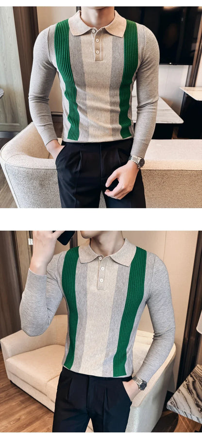 Men’s Retro-Style Long Sleeve Polo with Slim Fit