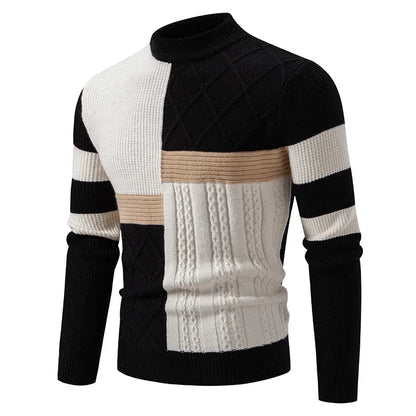 Men’s Slim Fit Patchwork Knit Sweater – Modern Textures for Smart Casual Looks