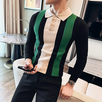 Men’s Retro-Style Long Sleeve Polo with Slim Fit