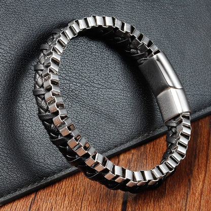 Black Genuine Leather Stainless Steel Bracelet, Handmade Double Chain Bracelet