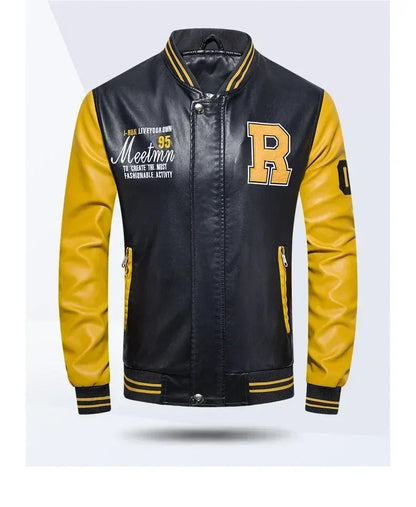 Men’s “R Varsity” Leather-Style College Jacket with Contrast Sleeves