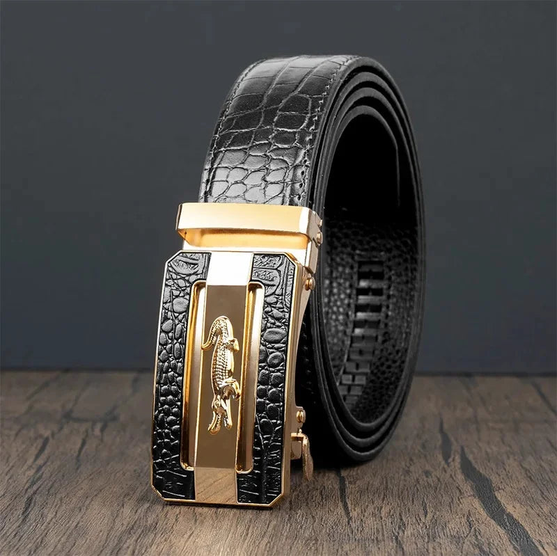 Men’s Automatic Buckle Leather Belt with Crocodile Texture – Elegant and Adjustable