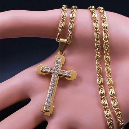 Stainless Steel Zircon Cross Necklace Chain Pendant For Men
