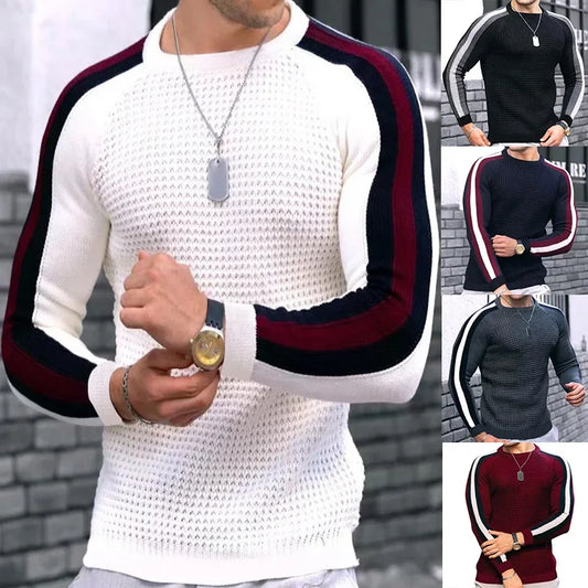 Men’s Athletic Ribbed Knit Sweater with Striped Sleeves – Sleek Casualwear with a Sporty Edge