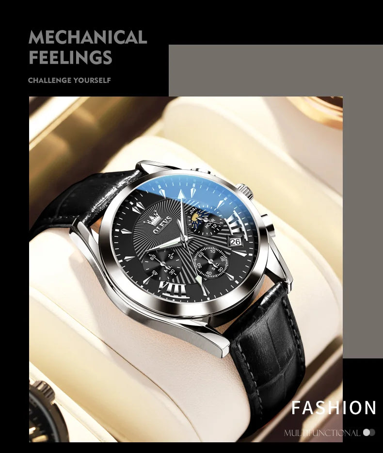 Men’s Luxury Chronograph Watch with Moon Phase and Leather Strap