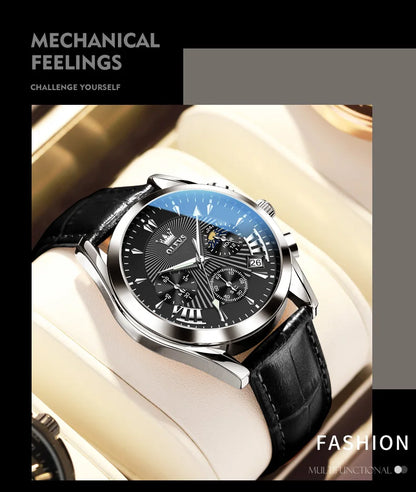 Men’s Luxury Chronograph Watch with Moon Phase and Leather Strap