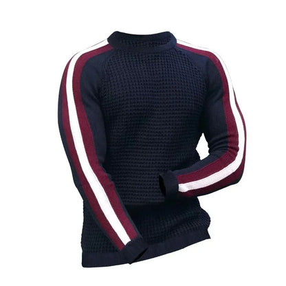Men’s Athletic Ribbed Knit Sweater with Striped Sleeves – Sleek Casualwear with a Sporty Edge