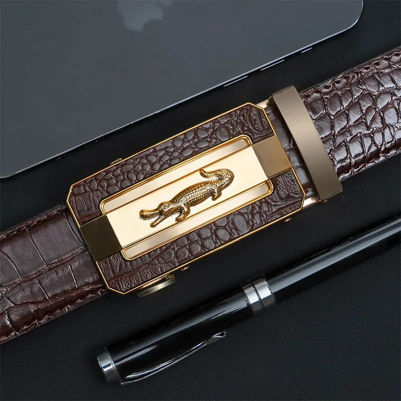 Men’s Automatic Buckle Leather Belt with Crocodile Texture – Elegant and Adjustable