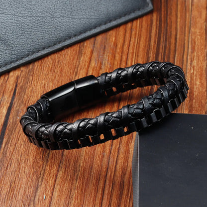 Black Genuine Leather Stainless Steel Bracelet, Handmade Double Chain Bracelet
