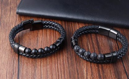 Men’s Braided Leather Bracelet with Bead Detail