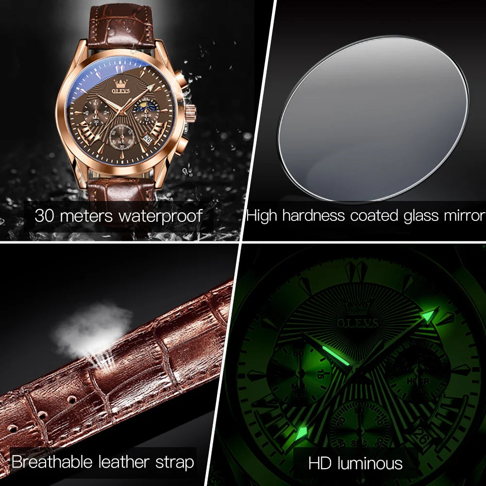 Men’s Luxury Chronograph Watch with Moon Phase and Leather Strap