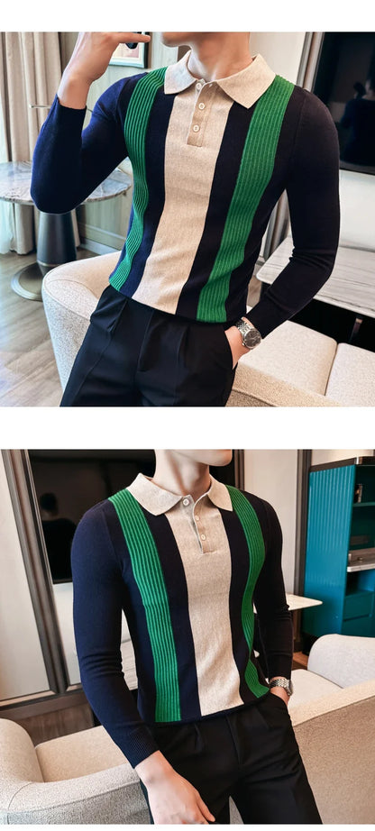 Men’s Retro-Style Long Sleeve Polo with Slim Fit