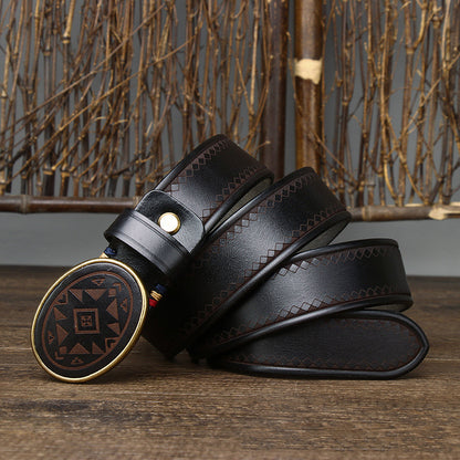 Men’s Leather Belt with Oval Buckle and Geometric Design
