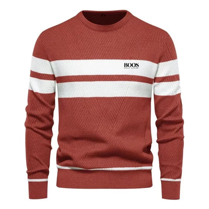 Men’s Slim Fit Knit Sweater – Warm Patchwork Pullover with Crew Neck & Long Sleeves