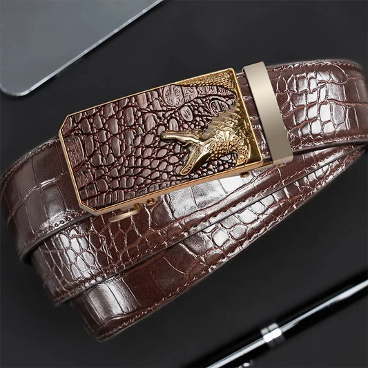 Men’s Automatic Buckle Leather Belt with Crocodile Texture – Elegant and Adjustable