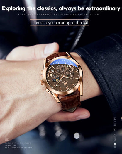 Men’s Luxury Chronograph Watch with Moon Phase and Leather Strap
