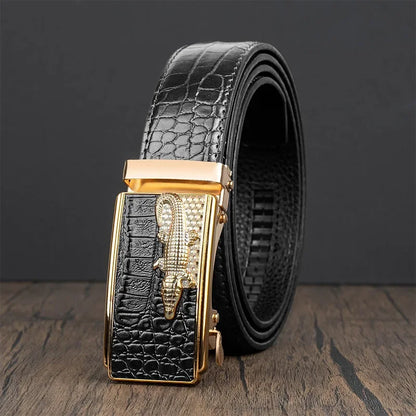 Men’s Automatic Buckle Leather Belt with Crocodile Texture – Elegant and Adjustable