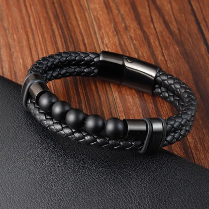 Men’s Braided Leather Bracelet with Bead Detail