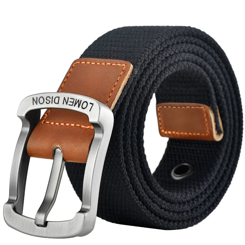 Men’s Woven Fabric Belt with Leather Trim and Metal Buckle – Adjustable and Durable