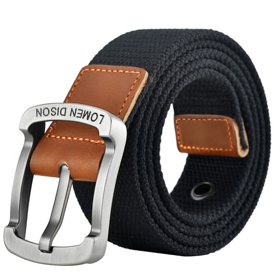 Men’s Woven Fabric Belt with Leather Trim and Metal Buckle – Adjustable and Durable