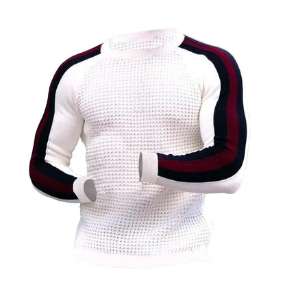 Men’s Athletic Ribbed Knit Sweater with Striped Sleeves – Sleek Casualwear with a Sporty Edge