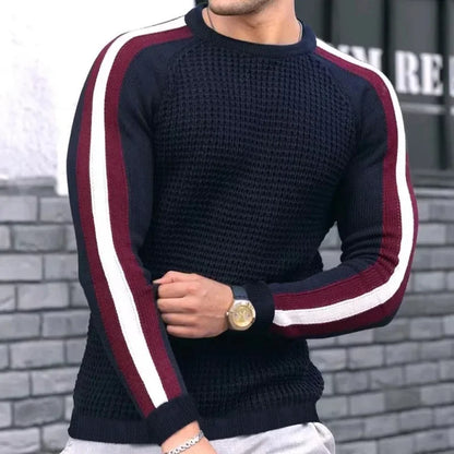 Men’s Athletic Ribbed Knit Sweater with Striped Sleeves – Sleek Casualwear with a Sporty Edge