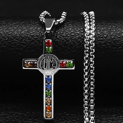 Colorful Gemstone Cross Pendant – Stainless Steel Necklace