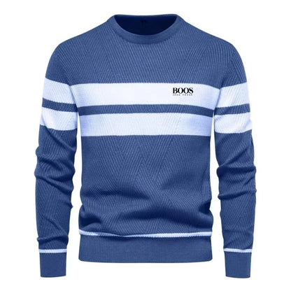 Men’s Slim Fit Knit Sweater – Warm Patchwork Pullover with Crew Neck & Long Sleeves
