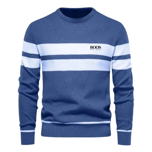 Men’s Slim Fit Knit Sweater – Warm Patchwork Pullover with Crew Neck & Long Sleeves