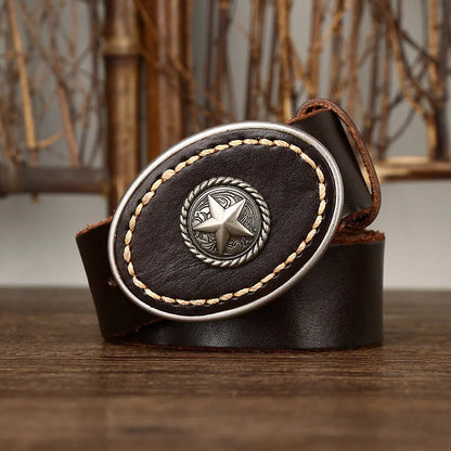 Herren-Ledergürtel mit ovaler Sternschnalle – Country-Stil