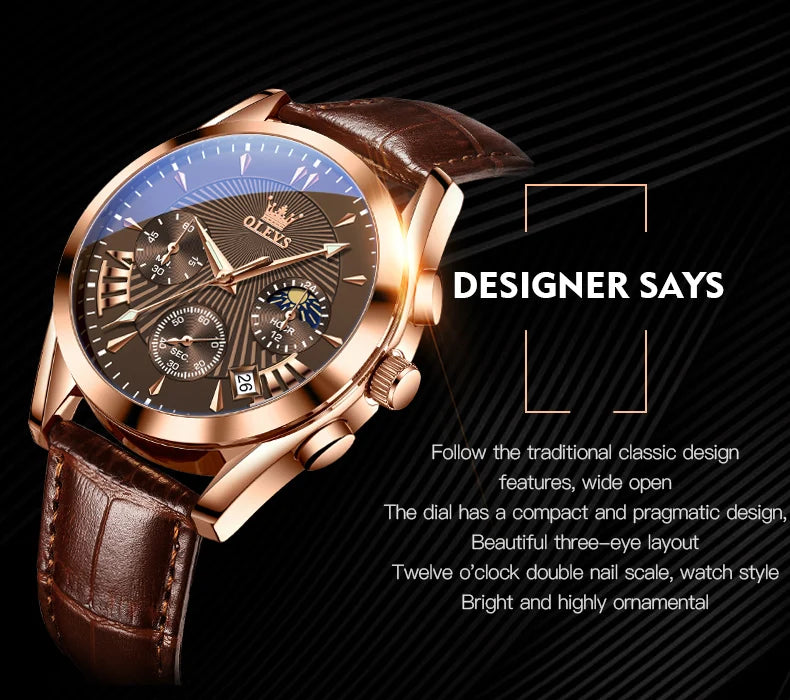 Men’s Luxury Chronograph Watch with Moon Phase and Leather Strap