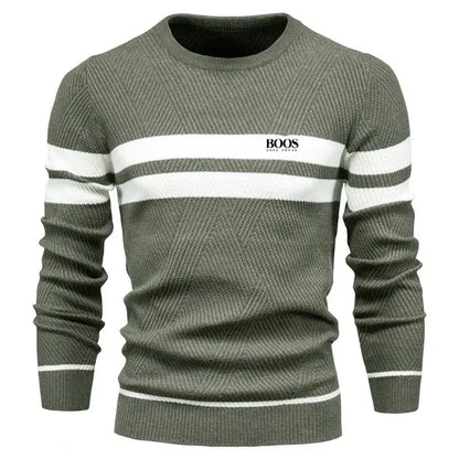 Men’s Slim Fit Knit Sweater – Warm Patchwork Pullover with Crew Neck & Long Sleeves