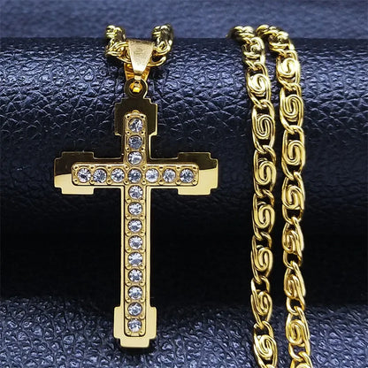 Stainless Steel Zircon Cross Necklace Chain Pendant For Men