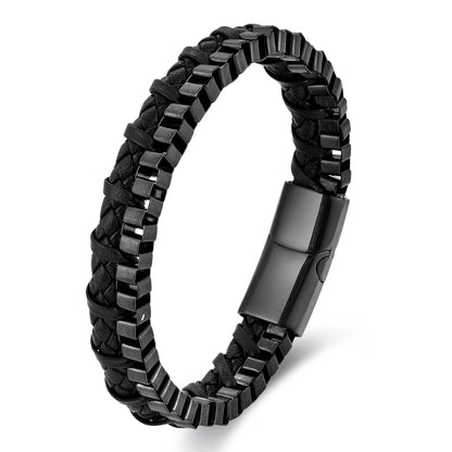 Black Genuine Leather Stainless Steel Bracelet, Handmade Double Chain Bracelet