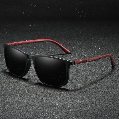 Matte Black Polarized Sunglasses with Red Textured Temples – Sleek & Sporty Film Anti UV