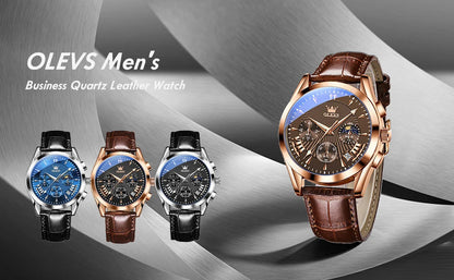 Men’s Luxury Chronograph Watch with Moon Phase and Leather Strap