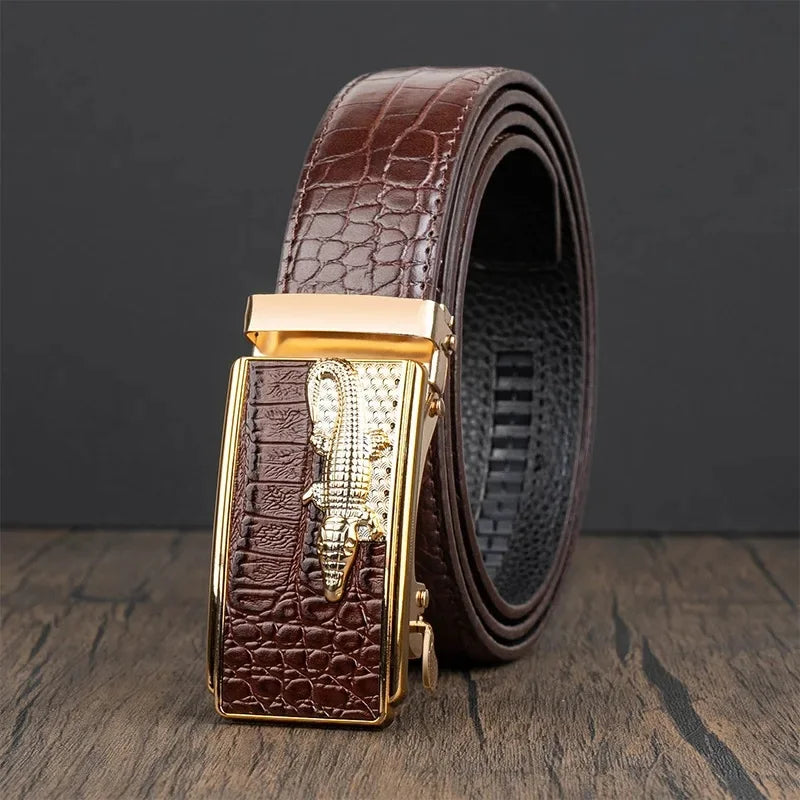 Men’s Automatic Buckle Leather Belt with Crocodile Texture – Elegant and Adjustable