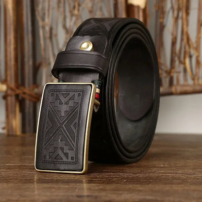 Men’s Leather Belt with Engraved Buckle – Rustic Style