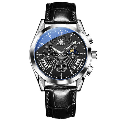 Men’s Luxury Chronograph Watch with Moon Phase and Leather Strap