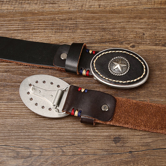 Men’s Leather Belt with Oval Star Buckle – Country Style