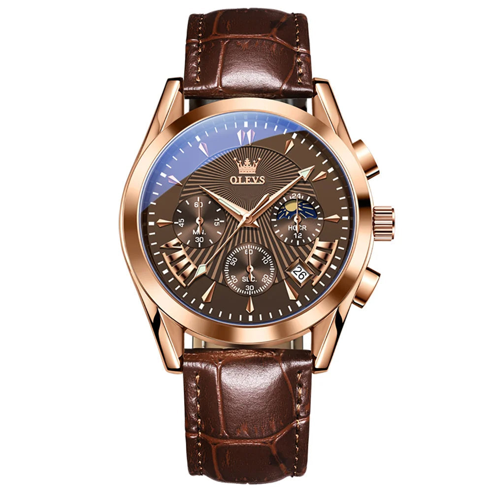 Men’s Luxury Chronograph Watch with Moon Phase and Leather Strap
