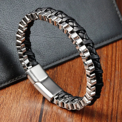 Black Genuine Leather Stainless Steel Bracelet, Handmade Double Chain Bracelet